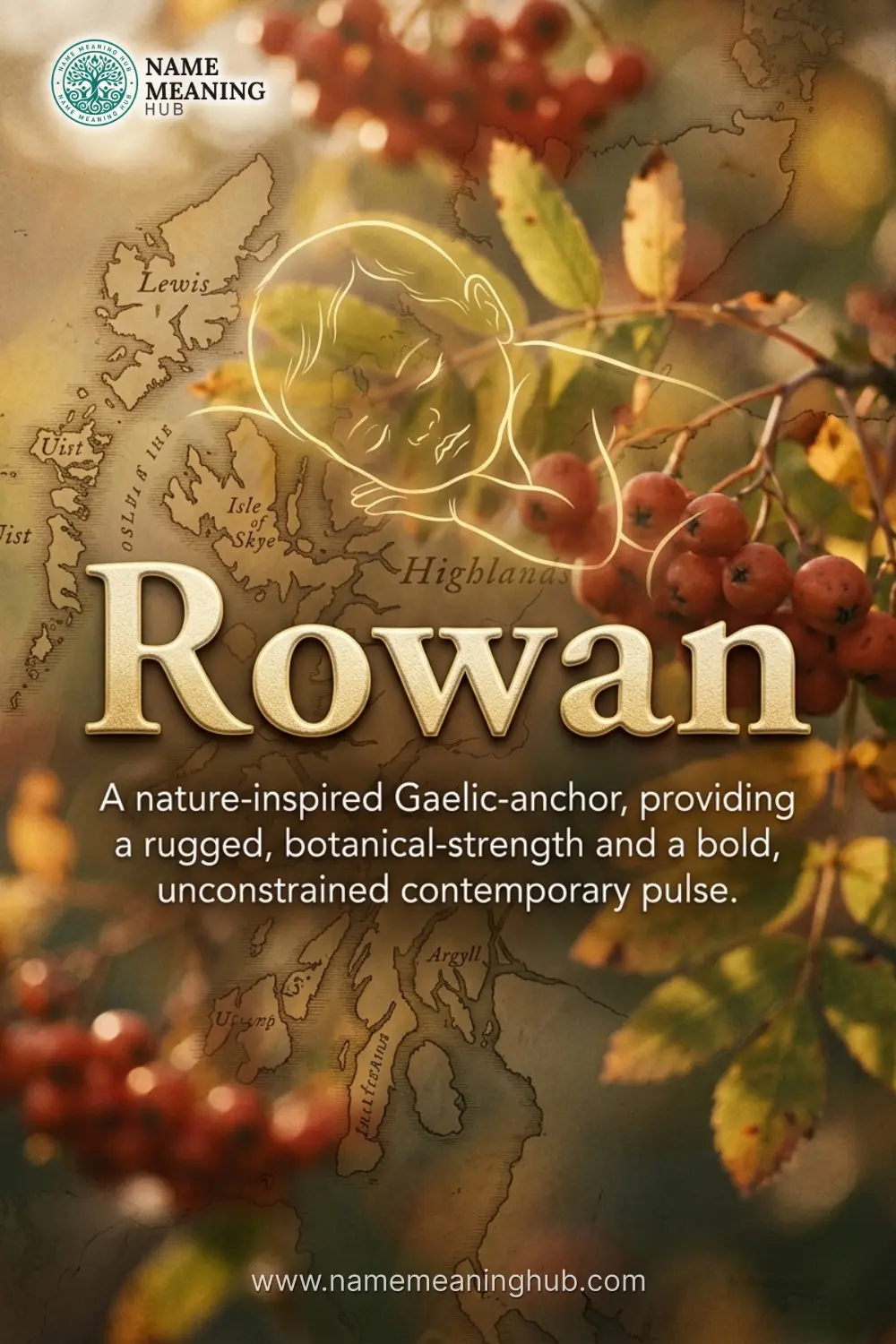 Meaning of the name Rowan: A nature-inspired Gaelic-anchor, providing a rugged, botanical-strength and a bold, unconstrained contemporary pulse.