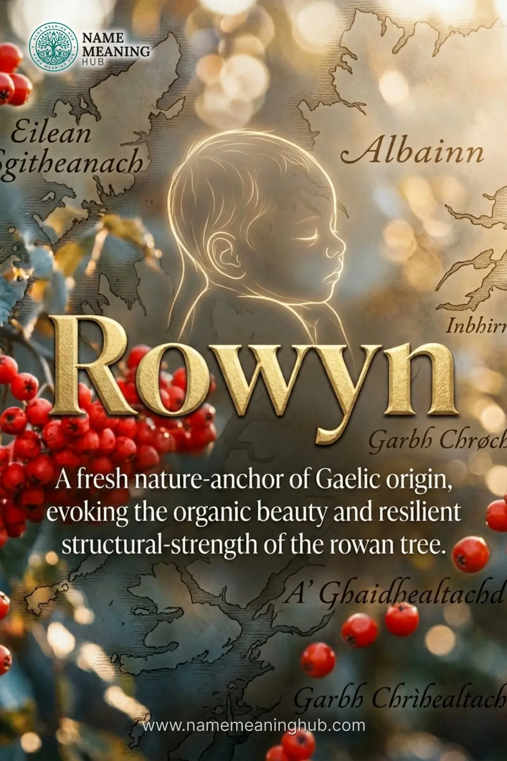 Meaning of the name Rowyn: A fresh nature-anchor of Gaelic origin, evoking the organic beauty and resilient structural-strength of the rowan tree.