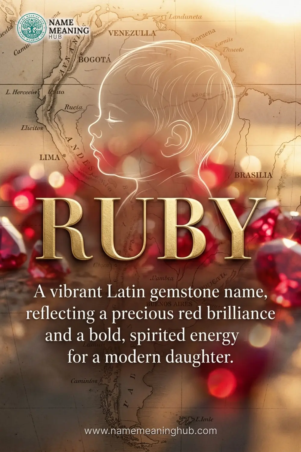 Meaning of the name Ruby: A vibrant Latin gemstone name, reflecting a precious red brilliance and a bold, spirited energy for a modern daughter.