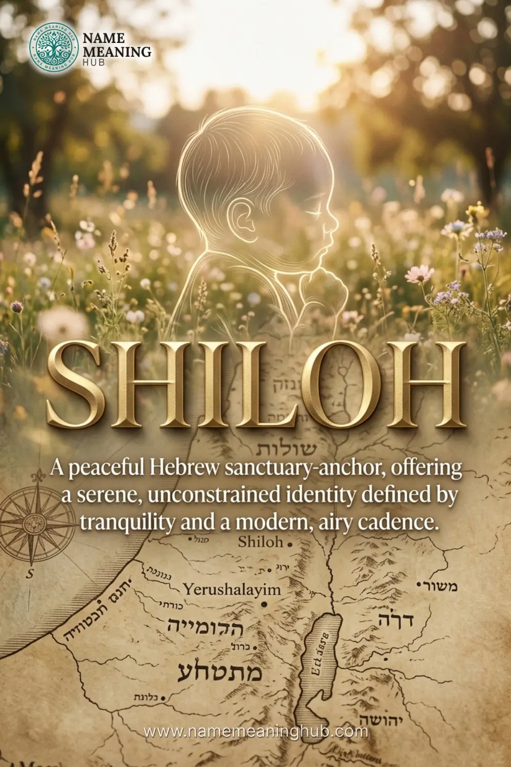 Meaning of the name Shiloh: A peaceful Hebrew sanctuary-anchor, offering a serene, unconstrained identity defined by tranquility and a modern, airy cadence.