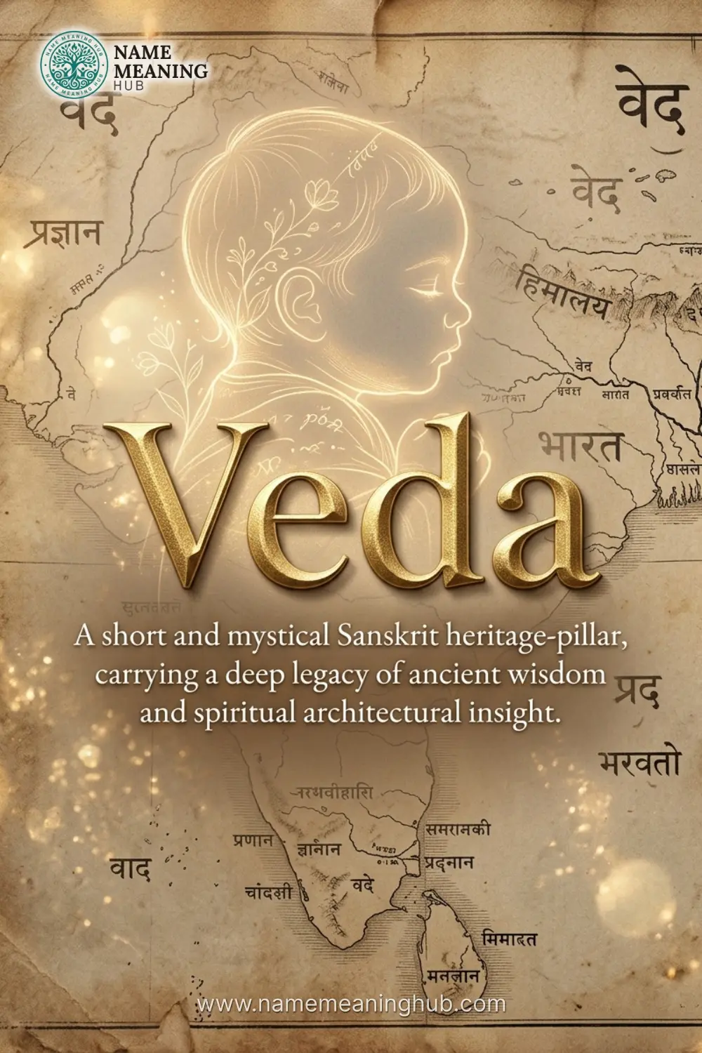 Meaning of the name Veda: A short and mystical Sanskrit heritage-pillar, carrying a deep legacy of ancient wisdom and spiritual architectural insight.