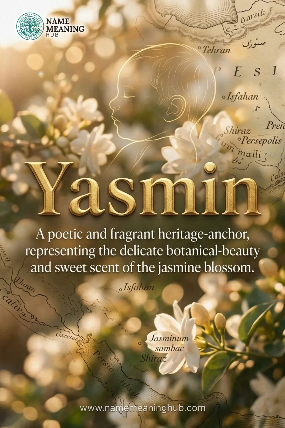 Meaning of the name Yasmin: A poetic and fragrant heritage-anchor, representing the delicate botanical-beauty and sweet scent of the jasmine blossom.